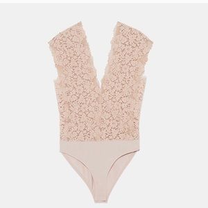 Zara lace nude beige bodysuit plunging